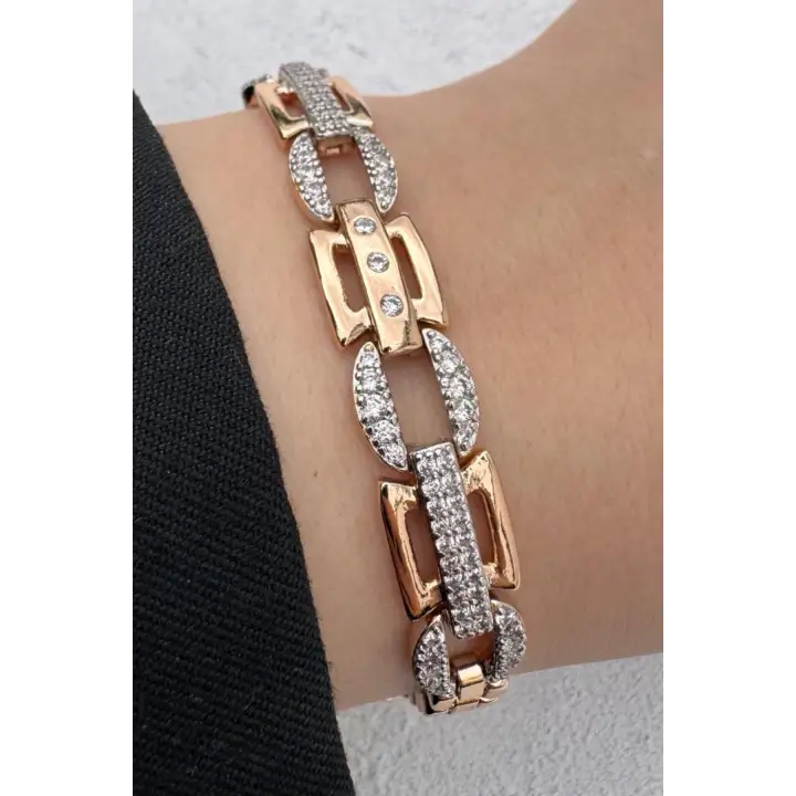 Rose Gold Geometrik Link Zirkon Taşlı Kadın Çelik Bileklik Kararmaz Renk Atmaz