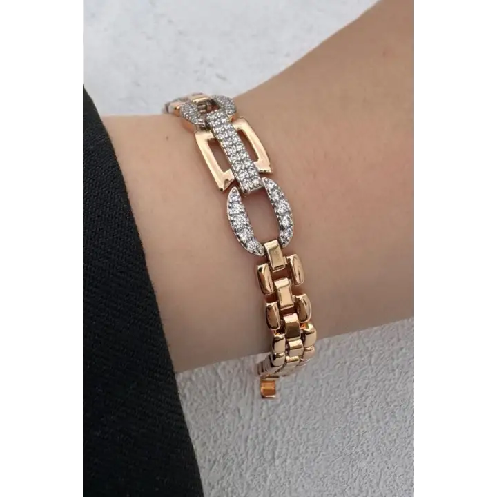 Rose Gold Geometrik Link Zirkon Taşlı Kadın Çelik Bileklik Kararmaz Renk Atmaz