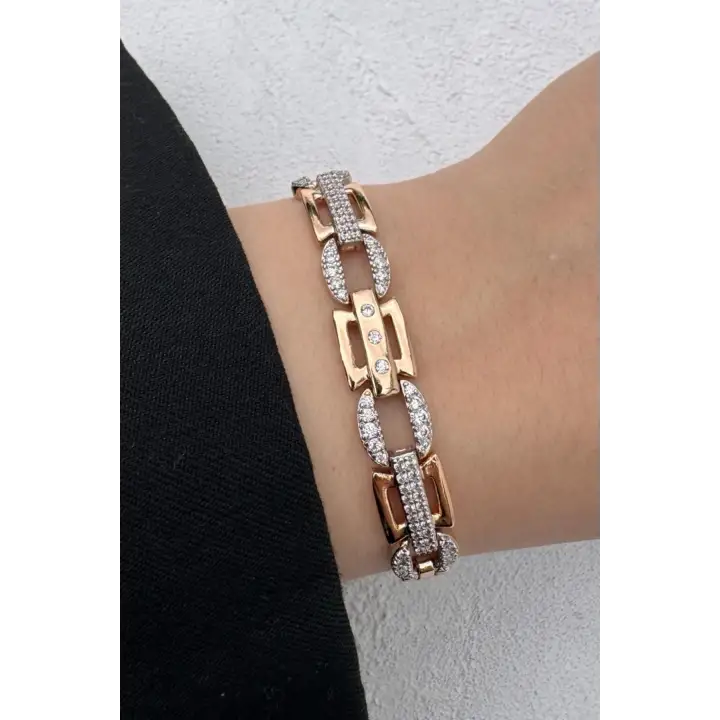 Rose Gold Geometrik Link Zirkon Taşlı Kadın Çelik Bileklik Kararmaz Renk Atmaz