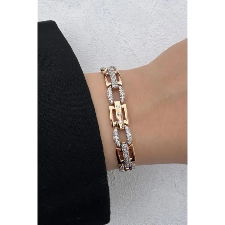 Rose Gold Geometrik Link Zirkon Taşlı Kadın Çelik Bileklik Kararmaz Renk Atmaz
