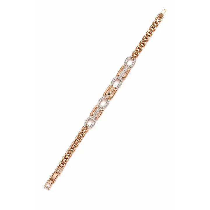 Rose Gold Geometrik Link Zirkon Taşlı Kadın Çelik Bileklik Kararmaz Renk Atmaz