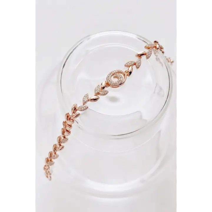 Rose Gold Yaprak Motifli Zirkon Taşlı Kadın Çelik Bileklik Kararmaz Renk Atmaz