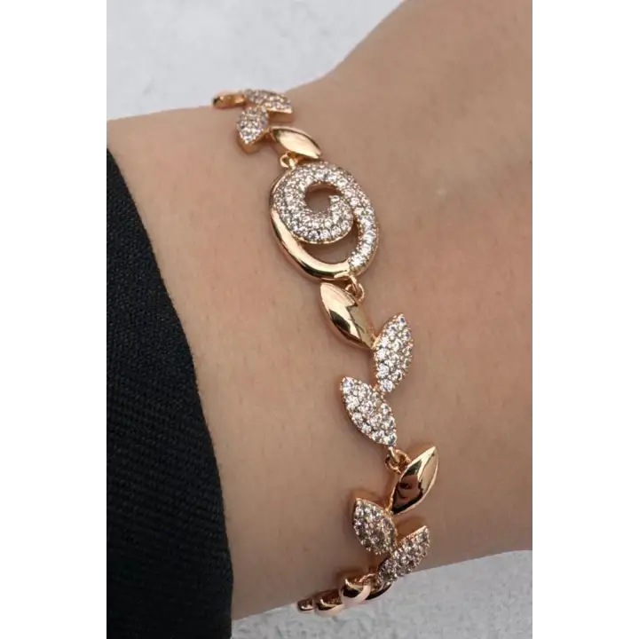 Rose Gold Yaprak Motifli Zirkon Taşlı Kadın Çelik Bileklik Kararmaz Renk Atmaz
