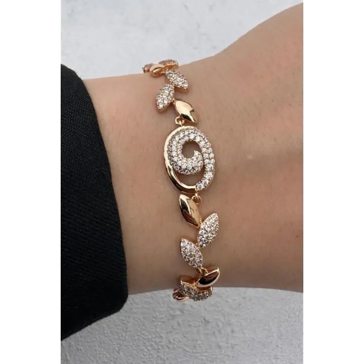 Rose Gold Yaprak Motifli Zirkon Taşlı Kadın Çelik Bileklik Kararmaz Renk Atmaz