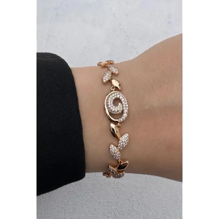 Rose Gold Yaprak Motifli Zirkon Taşlı Kadın Çelik Bileklik Kararmaz Renk Atmaz
