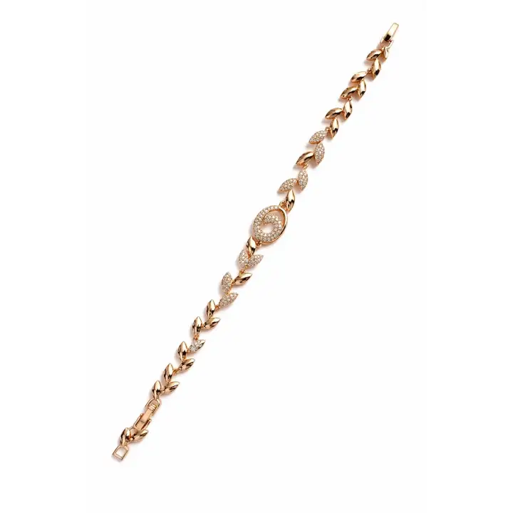 Rose Gold Yaprak Motifli Zirkon Taşlı Kadın Çelik Bileklik Kararmaz Renk Atmaz