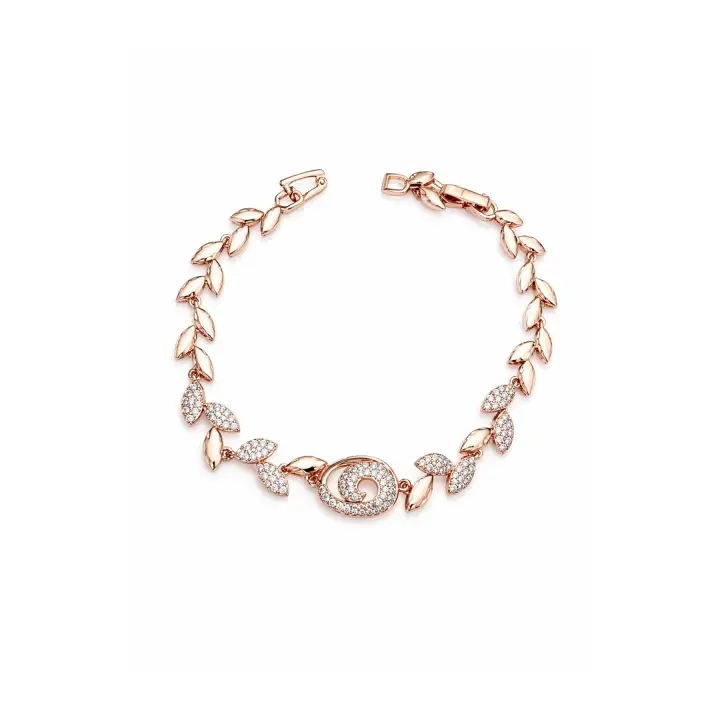 Rose Gold Yaprak Motifli Zirkon Taşlı Kadın Çelik Bileklik Kararmaz Renk Atmaz