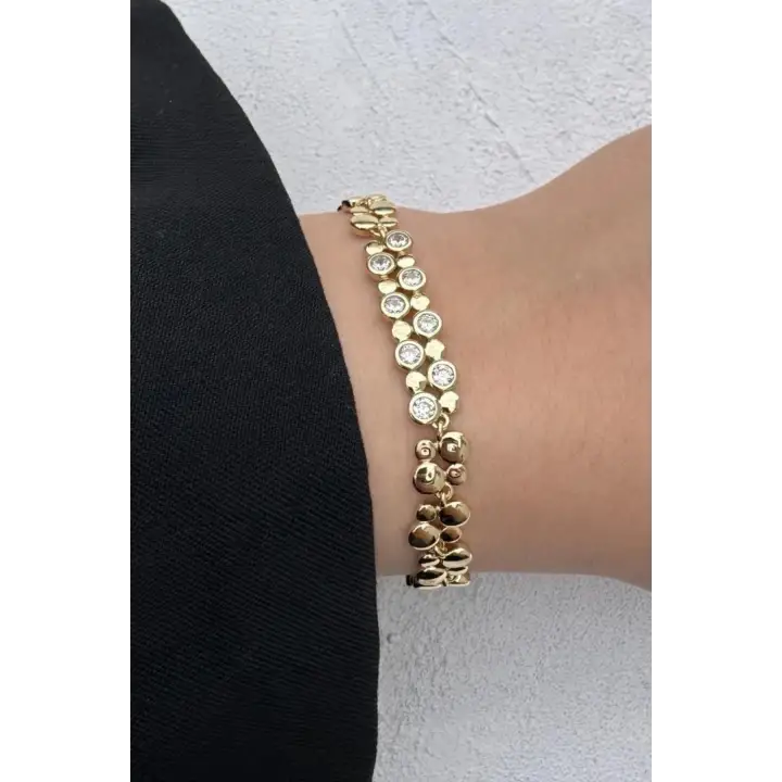 Gold Renk Boncuk Zincir Zirkon Taşlı Kadın Çelik Bileklik Kararmaz Renk Atmaz