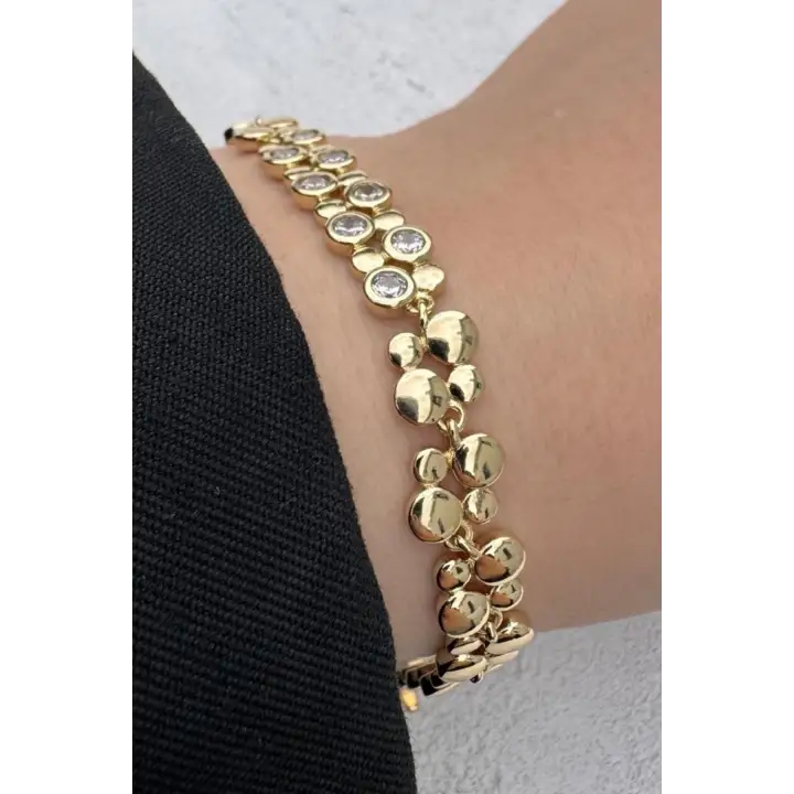 Gold Renk Boncuk Zincir Zirkon Taşlı Kadın Çelik Bileklik Kararmaz Renk Atmaz