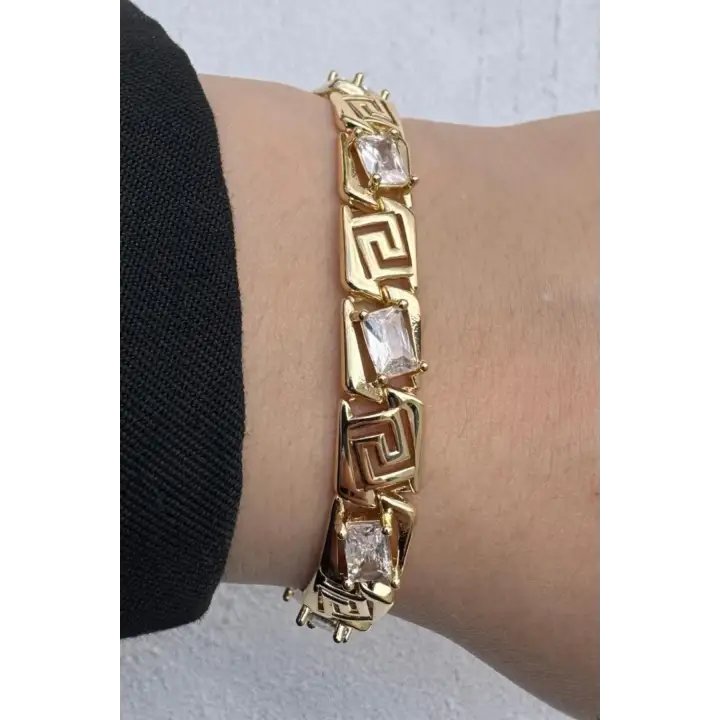 Gold Renk Vintage Greek Desenli Baget Taşlı Kadın Çelik Bileklik Kararmaz Renk Atmaz