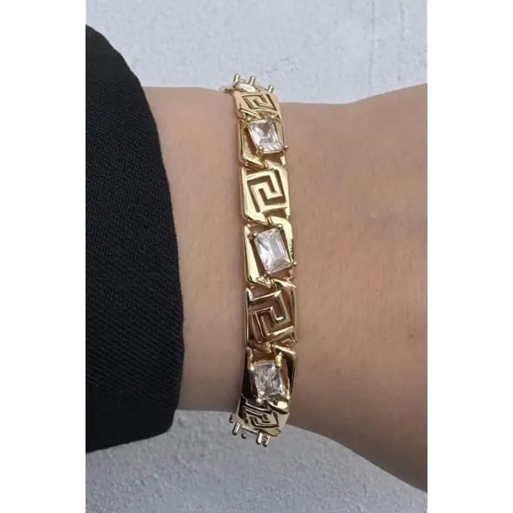 Gold Renk Vintage Greek Desenli Baget Taşlı Kadın Çelik Bileklik Kararmaz Renk Atmaz