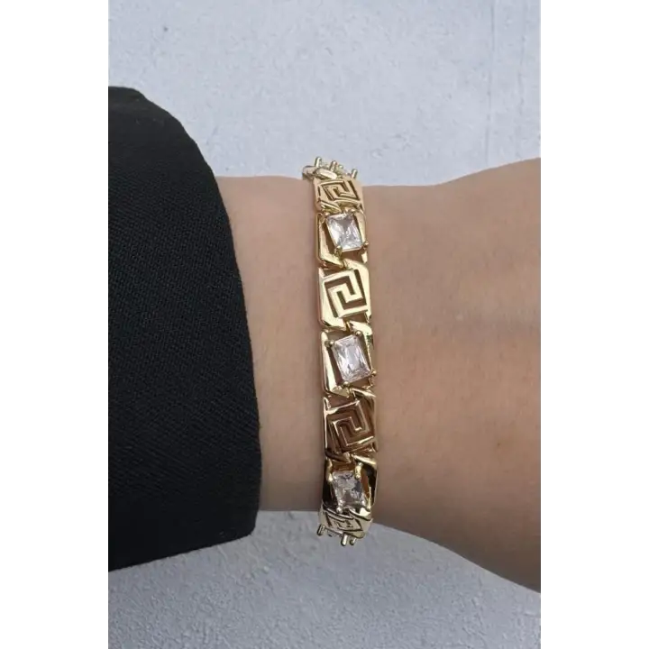 Gold Renk Vintage Greek Desenli Baget Taşlı Kadın Çelik Bileklik Kararmaz Renk Atmaz