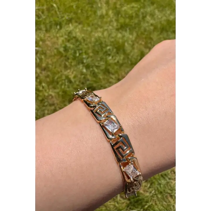 Gold Renk Vintage Greek Desenli Baget Taşlı Kadın Çelik Bileklik Kararmaz Renk Atmaz
