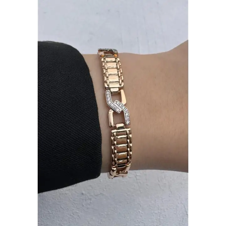 Rose Gold Z Form Detaylı Zirkon Taşlı Kadın Çelik Bileklik Kararmaz Renk Atmaz