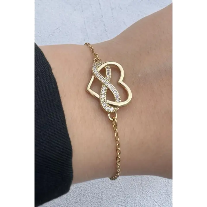 Gold Renk Sonsuzluk Kalp Figürlü Zirkon Taşlı Kadın Çelik Bileklik Kararmaz Renk Atmaz