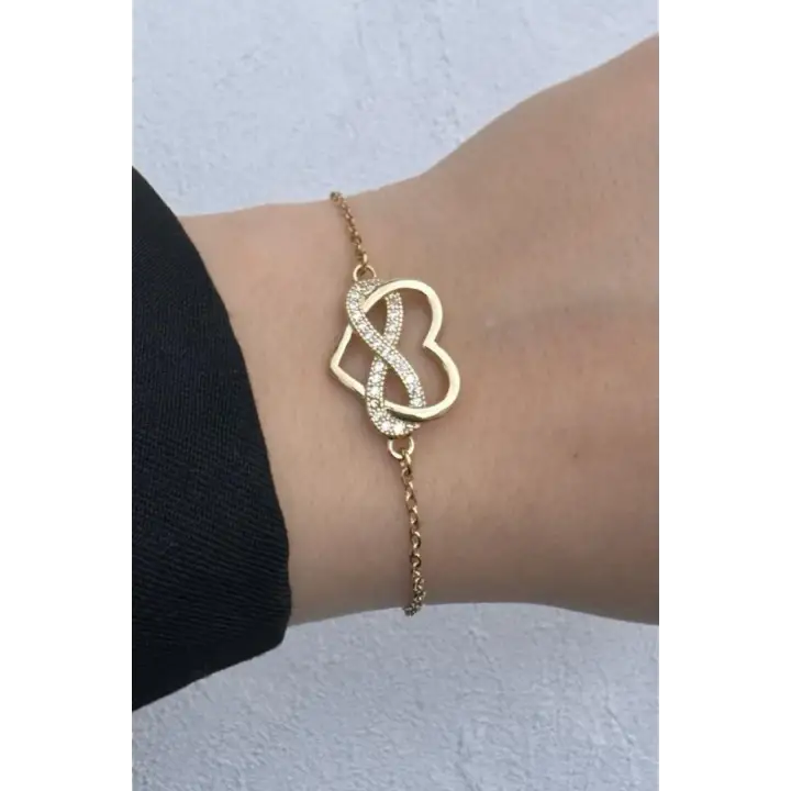 Gold Renk Sonsuzluk Kalp Figürlü Zirkon Taşlı Kadın Çelik Bileklik Kararmaz Renk Atmaz