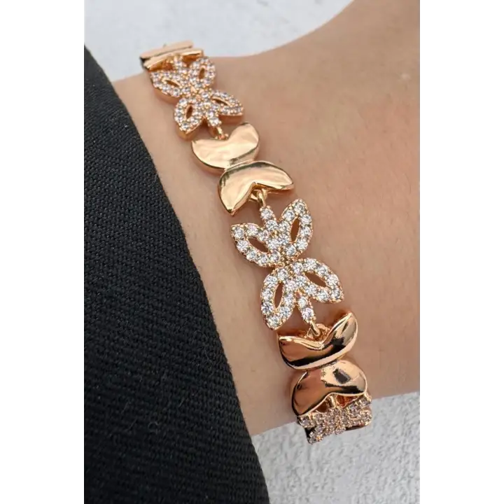 Rose Gold Çiçek Motifli Zirkon Taşlı Kadın Çelik Bileklik Kararmaz Renk Atmaz