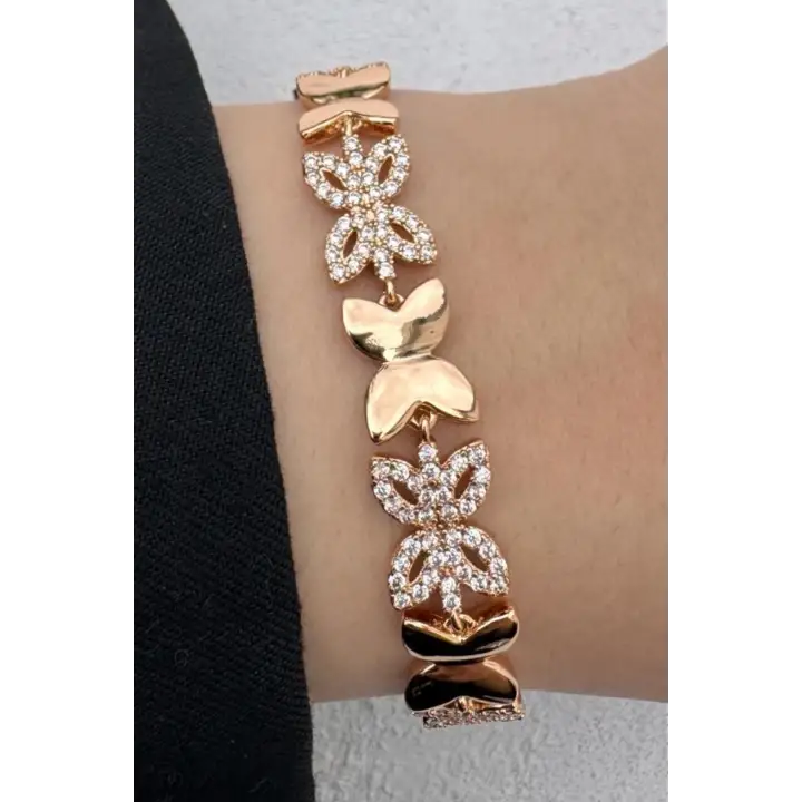 Rose Gold Çiçek Motifli Zirkon Taşlı Kadın Çelik Bileklik Kararmaz Renk Atmaz