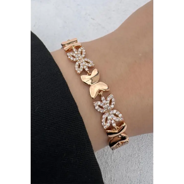 Rose Gold Çiçek Motifli Zirkon Taşlı Kadın Çelik Bileklik Kararmaz Renk Atmaz