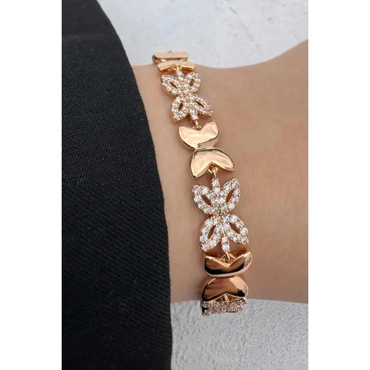 Rose Gold Çiçek Motifli Zirkon Taşlı Kadın Çelik Bileklik Kararmaz Renk Atmaz