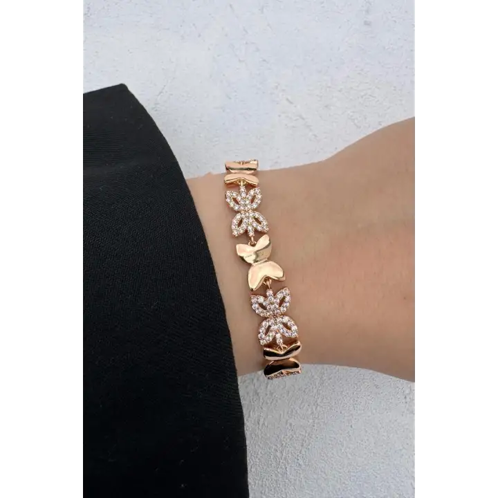 Rose Gold Çiçek Motifli Zirkon Taşlı Kadın Çelik Bileklik Kararmaz Renk Atmaz