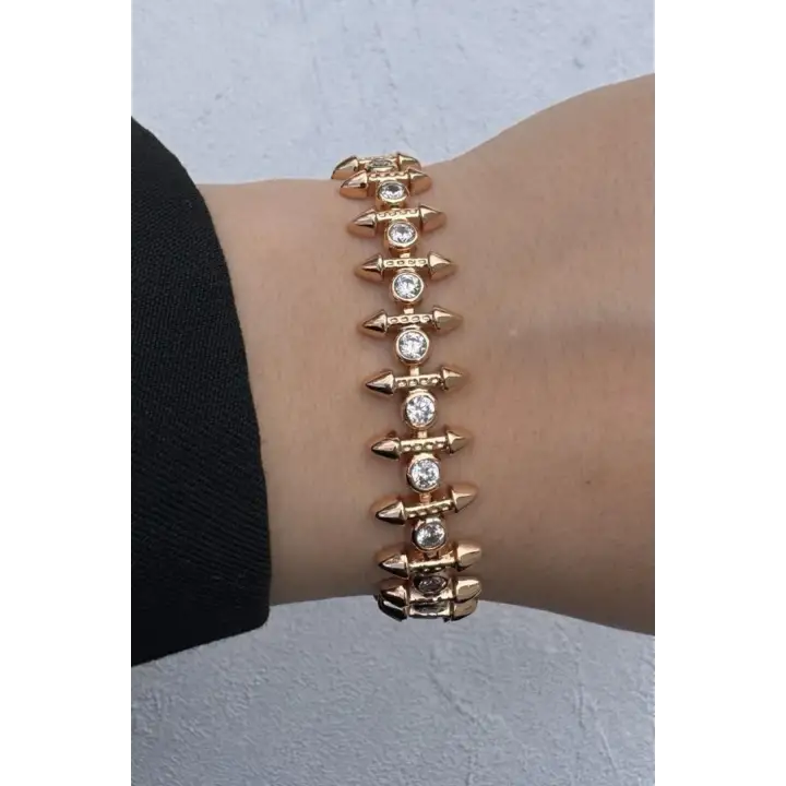 Rose Gold Çivili Spike Zirkon Taşlı Kadın Çelik Bileklik Kararmaz Renk Atmaz