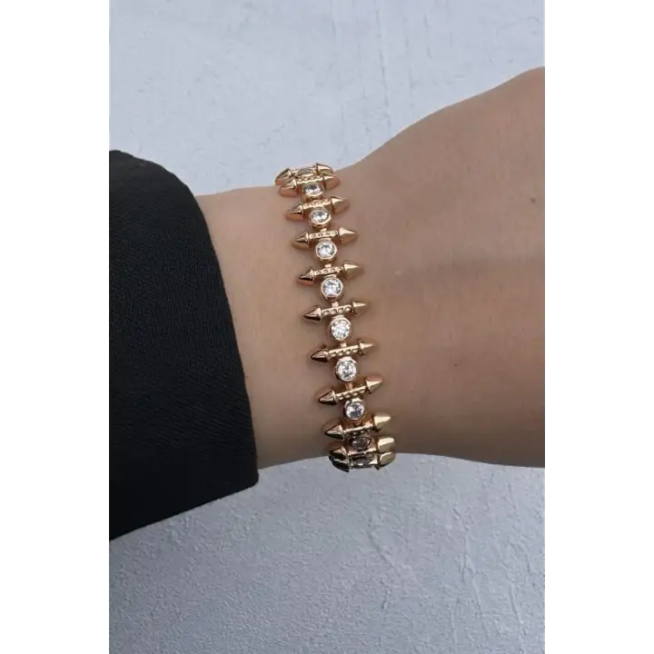 Rose Gold Çivili Spike Zirkon Taşlı Kadın Çelik Bileklik Kararmaz Renk Atmaz