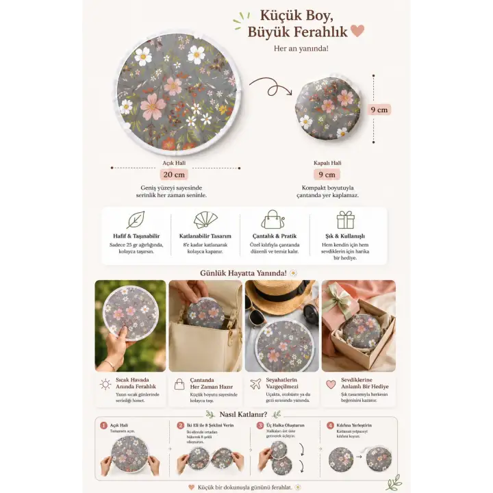 Katlanabilir Japon Yelpazesi 20 cm Mini El Yelpazesi Kılıflı Çantalık Yabani Bahçe Aksesuar Gri