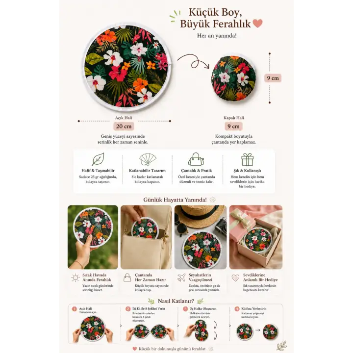 Katlanabilir Japon Yelpazesi 20 cm Mini El Yelpazesi Kılıflı Çantalık Tropical Bloom Aksesuar Siyah