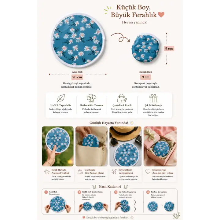 Katlanabilir Japon Yelpazesi 20 cm Mini El Yelpazesi Çantalık Kılıflı Blue Daisy Aksesuar Mavi