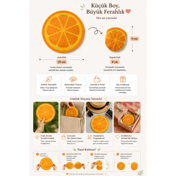 Japon Yelpazesi 20 cm Mini El Yelpazesi Kılıflı Çantalık Portakal Desenli Sunny Orange Aksesuar