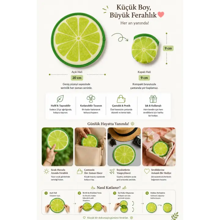 Japon Yelpazesi 20 cm Mini El Yelpazesi Kılıflı Çantalık Limon Desenli Fresh Lime Aksesuar