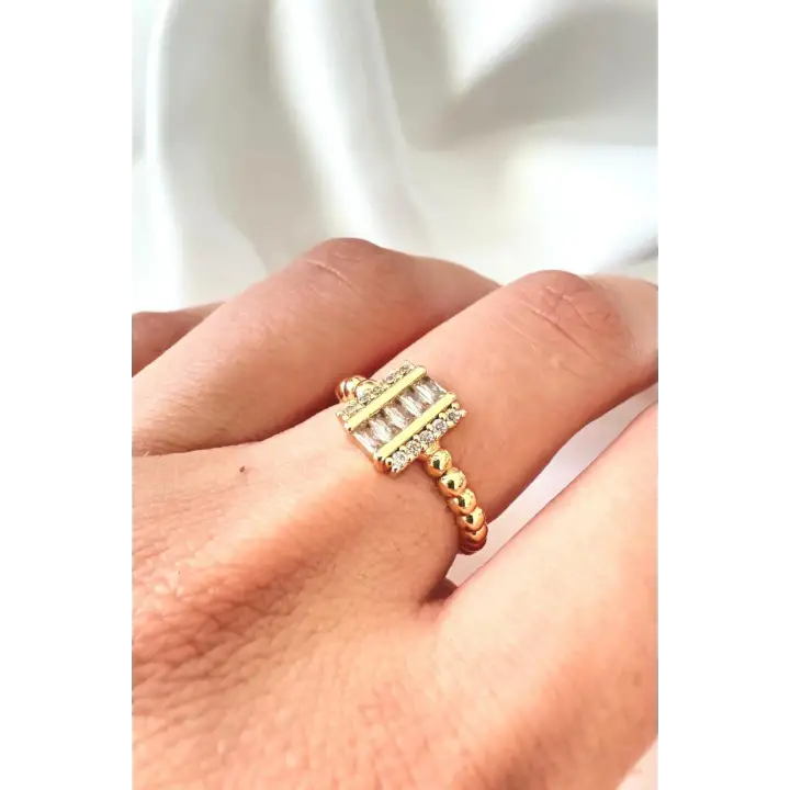 Yeni Sezon Sıralı Dikdörtgen Zirkon Taşlı Boncuk Detaylı Ayarlanabilir Şık Kadın Çelik Yüzük Gold
