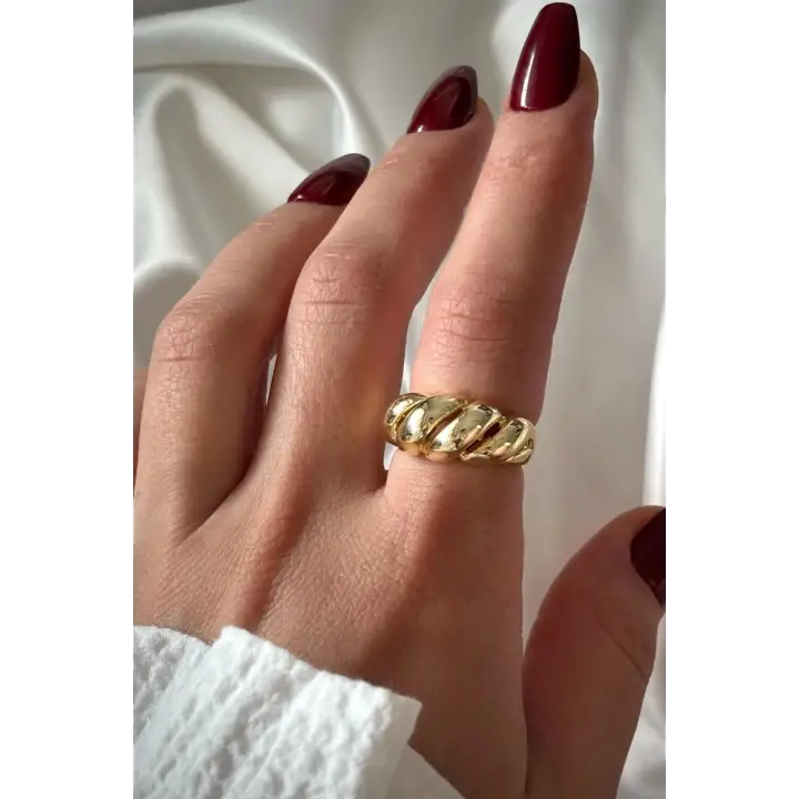 İthal Cilalı Sarmal Örgü Model Bombe Tasarım Ayarlanabilir Kadın Çelik Yüzük Gold Kararmaz
