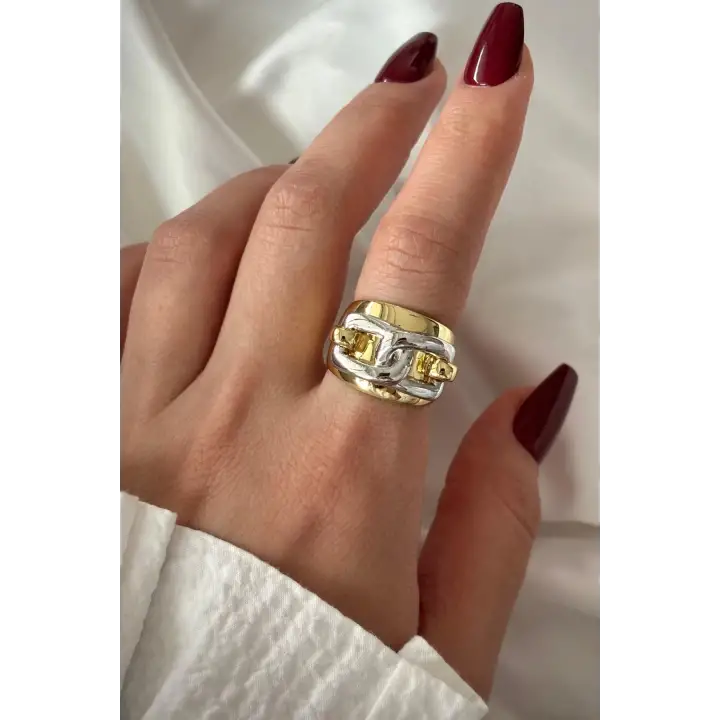 İthal Cilalı Gerçek Zincirli Model Bombe Tasarım Ayarlanabilir Kadın Çelik Yüzük Gold Kararmaz