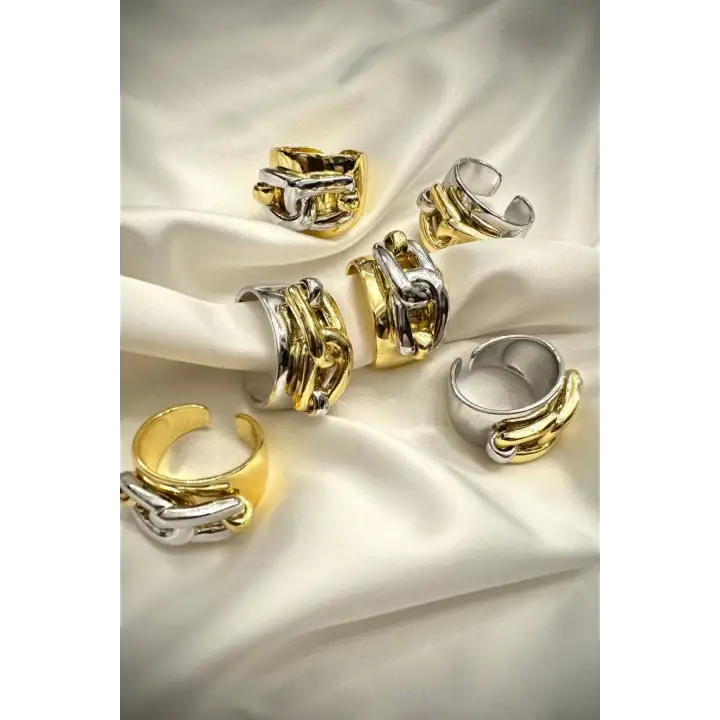 İthal Cilalı Gerçek Zincirli Model Bombe Tasarım Ayarlanabilir Kadın Çelik Yüzük Gold Kararmaz