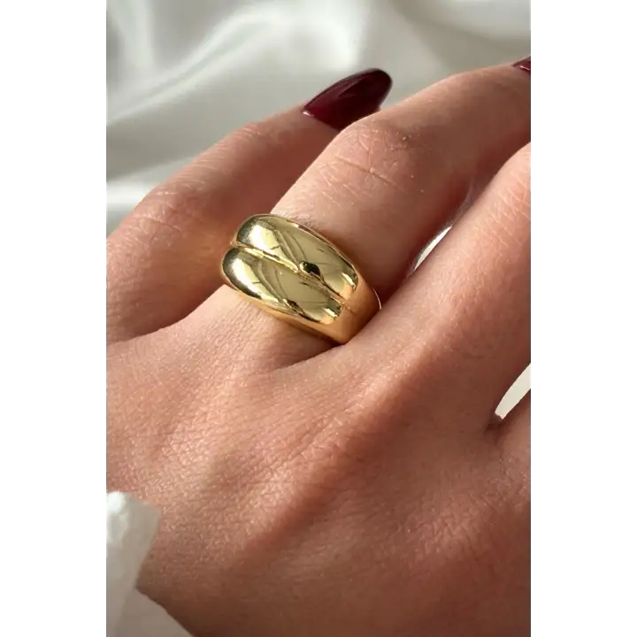 İthal Cilalı İkili Kalın Model Bombe Tasarım Ayarlanabilir Kadın Çelik Yüzük Gold Kararmaz