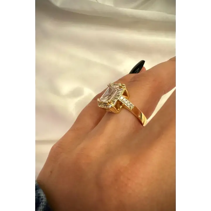Büyük Baget Zirkon Taşlı Tek Taş Ayarlanabilir Tasarım Kadın Çelik Yüzük Gold Kararmaz Renk Atmaz