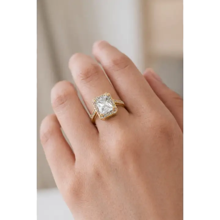 Büyük Baget Zirkon Taşlı Tek Taş Ayarlanabilir Tasarım Kadın Çelik Yüzük Gold Kararmaz Renk Atmaz