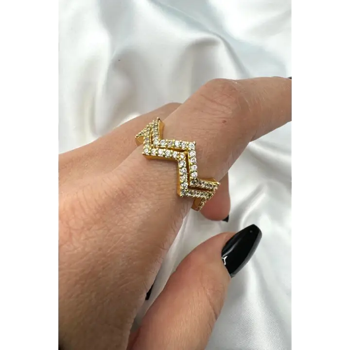 Çift Görünüm Zikzak Model Zirkon Taşlı Ayarlanabilir Tasarım Kadın Çelik Yüzük Gold Kararmaz