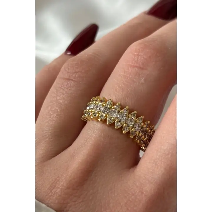 Yeni Sezon Mekik Model Sıra Zirkon Taşlı Ayarlanabilir Kadın Çelik Yüzük Gold Kararmaz Renk Atmaz