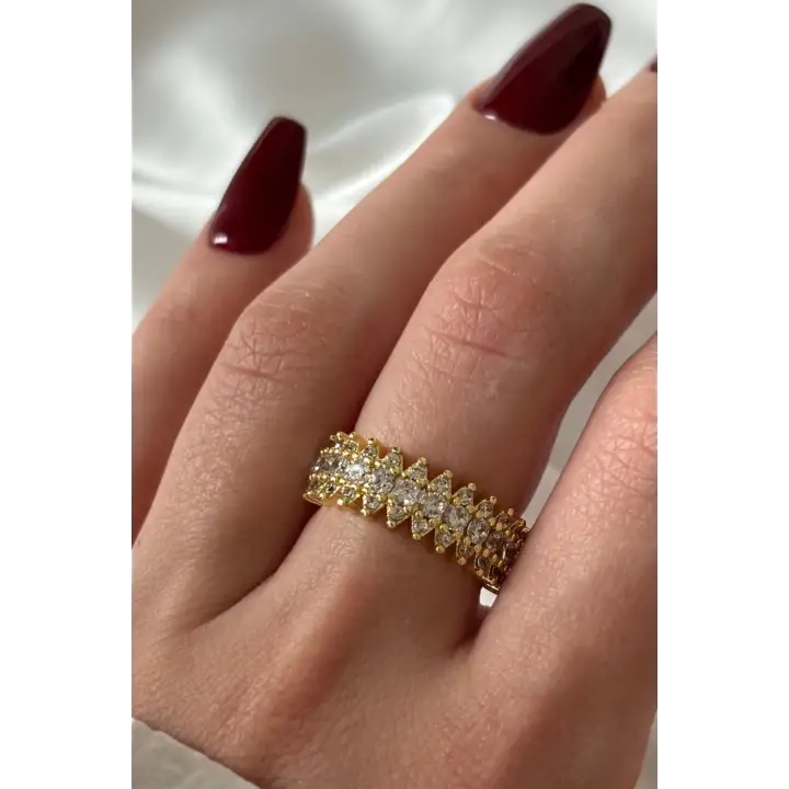 Yeni Sezon Mekik Model Sıra Zirkon Taşlı Ayarlanabilir Kadın Çelik Yüzük Gold Kararmaz Renk Atmaz
