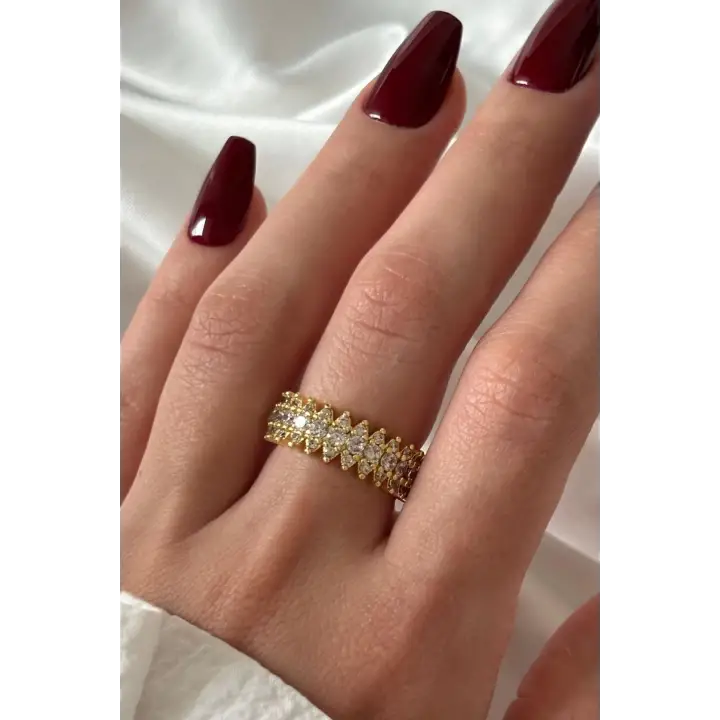 Yeni Sezon Mekik Model Sıra Zirkon Taşlı Ayarlanabilir Kadın Çelik Yüzük Gold Kararmaz Renk Atmaz