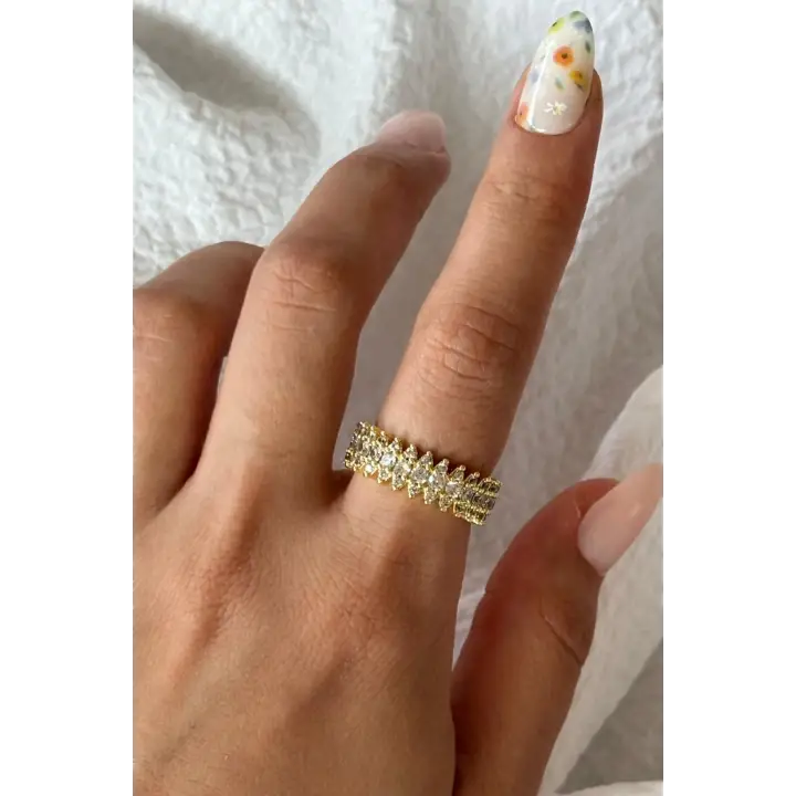 Yeni Sezon Mekik Model Sıra Zirkon Taşlı Ayarlanabilir Kadın Çelik Yüzük Gold Kararmaz Renk Atmaz