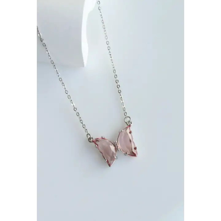 Yeni Sezon Kelebek Tasarım Rodyum Kaplama Kadın Çelik Kolye Pembe Kararmaz Renk Atmaz