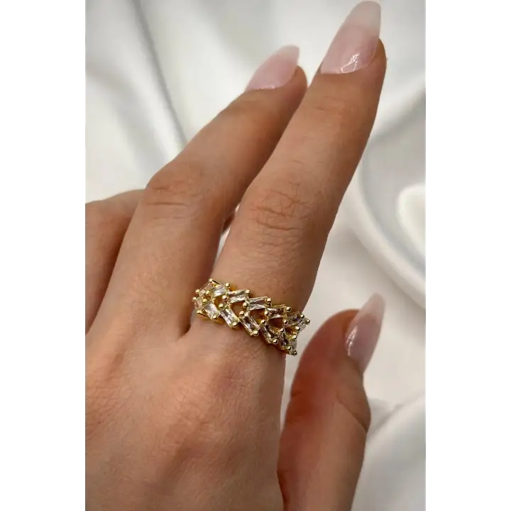 Yeni Sezon Çapraz Full Baget Zirkon Taşlı Model Ayarlanabilir Kadın Çelik Yüzük Gold Kararmaz