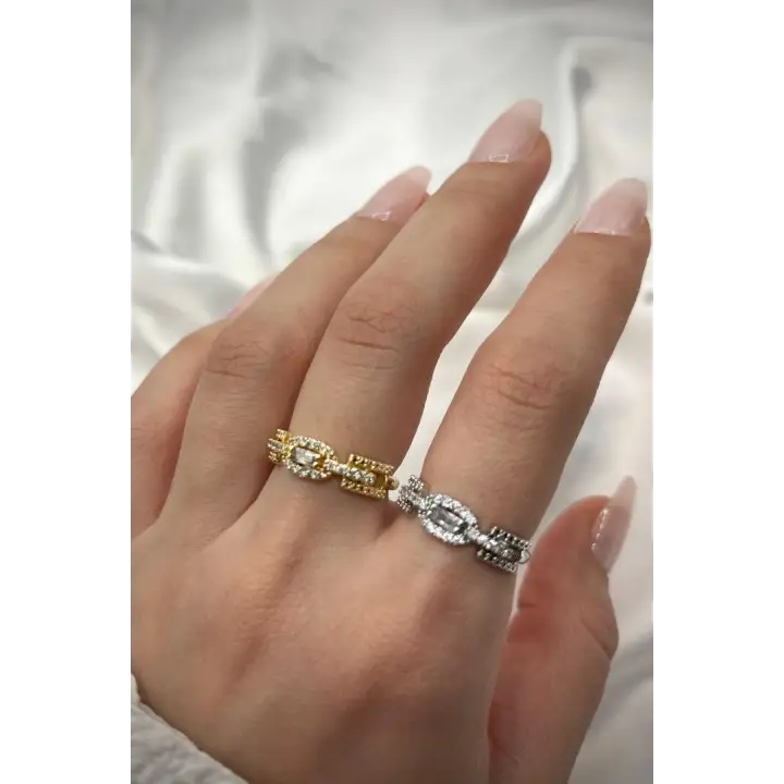 Baget Zirkon Taşlı Vintage Model Ayarlanabilir Kadın Çelik Yüzük Gümüş Kararmaz Renk Atmaz