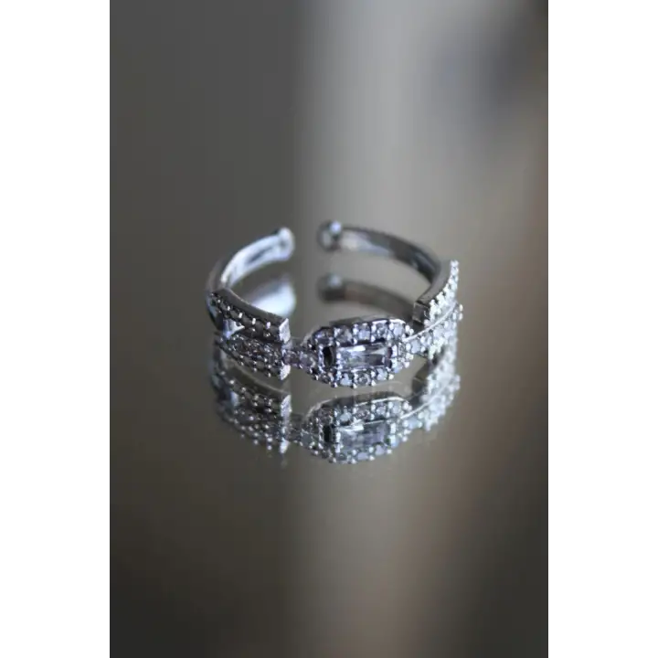 Baget Zirkon Taşlı Vintage Model Ayarlanabilir Kadın Çelik Yüzük Gümüş Kararmaz Renk Atmaz