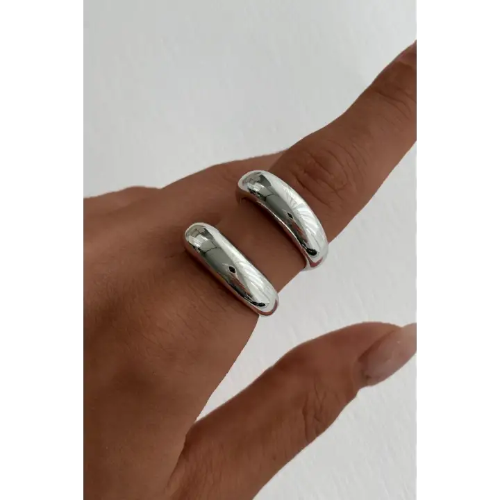 Özel Cilalı Ikili Görünüm Ayarlanabilir Kadın Çelik Yüzük Gümüş Kararmaz Renk Atmaz