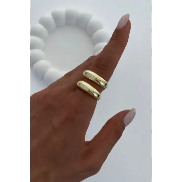 Özel Cilalı Ikili Görünüm Ayarlanabilir Kadın Çelik Yüzük Gold Kararmaz Renk Atmaz